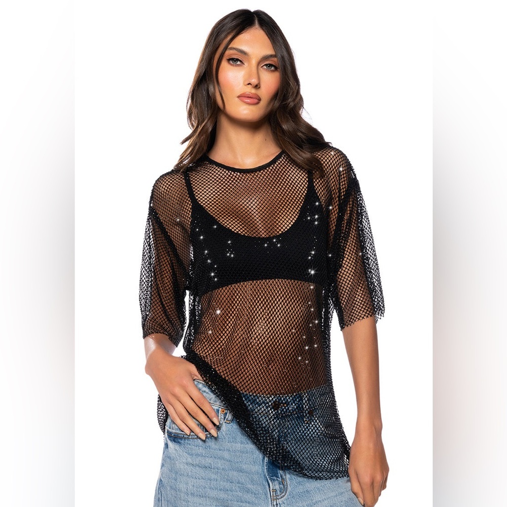 Akira GOT PLANS TONIGHT RHINESTONE MESH T-SHIRT Size small/medium